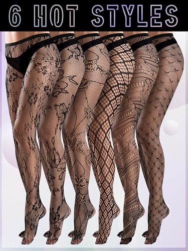 Bencailor 6 Pairs Women Fishnet Thigh High Stockings Black Lace Tights Floral Patterned Mesh Pantyhose Leggings for Halloween 6