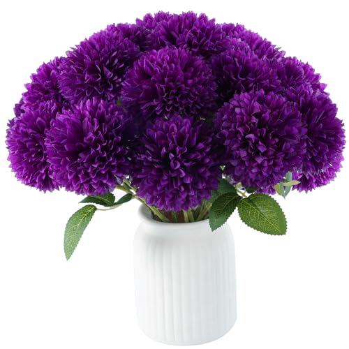 Hananona 12 Pcs Artificial Chrysanthemums Flowers Purple Flowers, Fake Mums Silk Vintage Flower for Home Decor Indoor Floral Arrangement Table Centerpiece (12, Purple)
