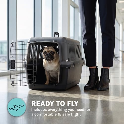 Image of SportPet Airline Compliant Small 24 inch Travel Dog Kennel - Durable Plastic Airline Pet Carrier (No Wheels) & Food Bowls, Collapsible Indoor /Outdoor Dog Kennel, Dogs up to 21 inch L & 13 inch H - Dark Gray
