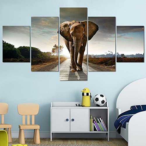 WAGYU tableau multi panneau 5 parties Éléphant sur la route tableau imprimé sur toile,tableau imprimé xxl,tableau deco murale,tableaux,posters et arts...