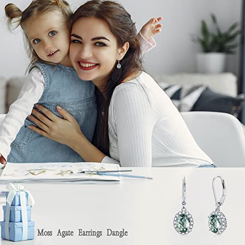 Platyco Natural Moss Agate Earrings 925 Sterling Silver Moss Agate Earrings Dangle With Moissanite Halo Moss Agate Earrings Drop Hypoallergenic Earrings Gift For Women #TOP6