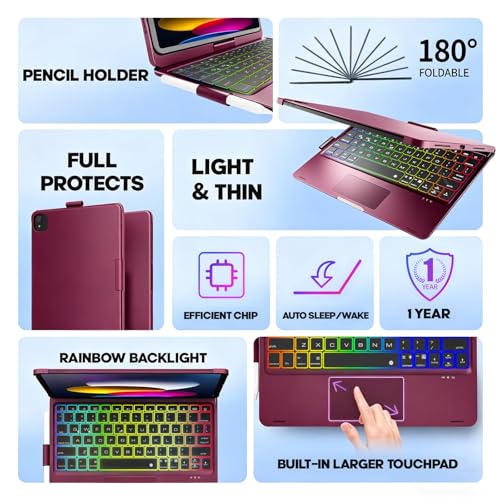 Image of NOKBABO for iPad 10th 11th (A16) Generation Case with Keyboard, iPad Air 11 inch case (M4 /M3 /M2), Keyboard for iPad Pro 11 (4th /3rd /2nd /1st) & iPad Air 5 /4, Trackpad, 360 Swivel, Backlit - Raspberry