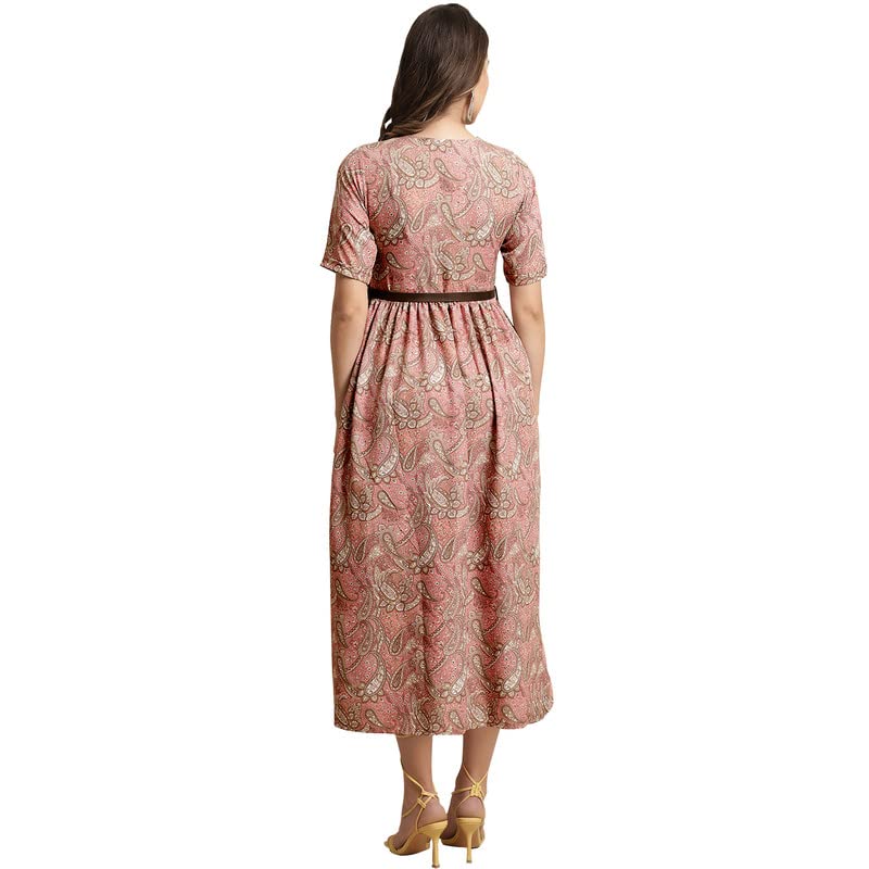 Preneum Girls's Georgette Floral Printed 3/4 Slevees A-Line Fit & Flare Gown With Belt, Pink, L