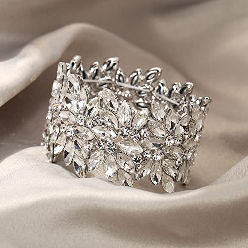 EVER FAITH Wedding Elastic Stretch Bracelet Art Deco Vintage Round Marquise-shaped Crystal Wrist Jewelry for Party Prom4