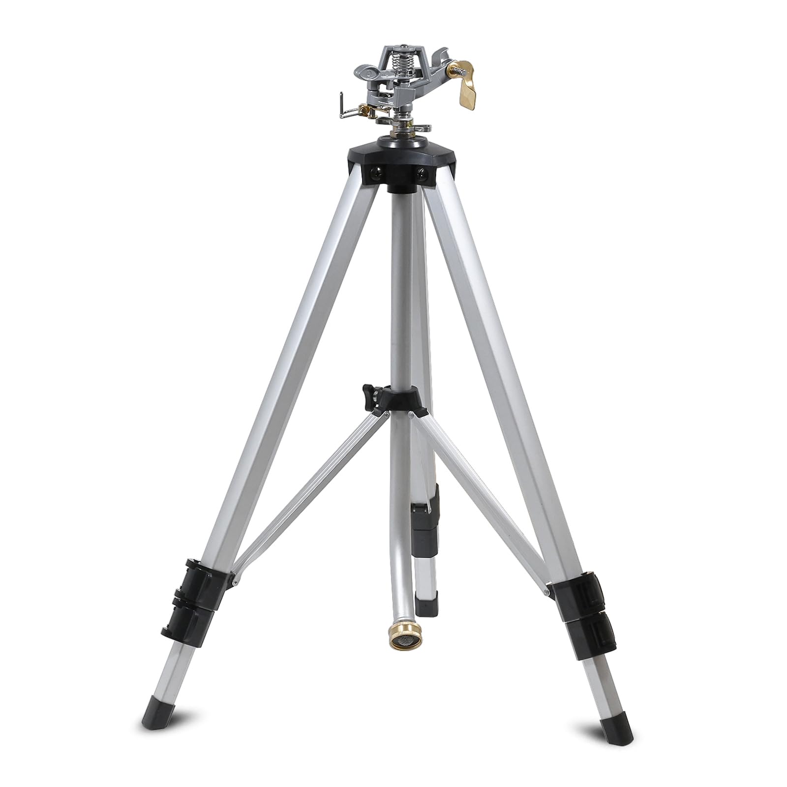 YAMATIC Aspersor de impacto en base de trípode, aspersor de metal resistente de 50 pulgadas para patio, cabezal de zinc giratorio de 360 grados para áreas grandes, conector de latón de 3/4 pulgadas