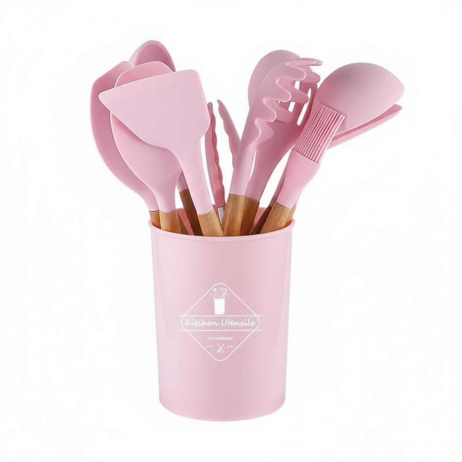 kowaku Ustensiles de Cuisine en Silicone Ustensiles Spatules Fouet Louche avec Seau de Rangement Manche en Bois Isolant Résistant à 230 Cm Silicone, Pink