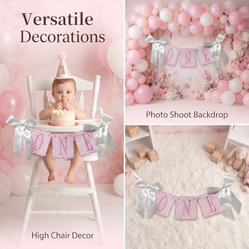 Image of Pink and White Striped ONE High Chair Banner Vertical Stripe Embroidered 1st Birthday Highchair Banner First Birthday Decorations for Girl (Pink Stripes)