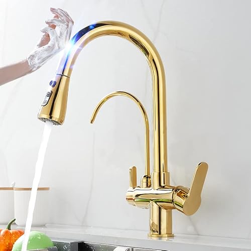 Smart Touch Filter Faucet, 3 Ways Pure Drinking Pull Out Tap, Gold Sensor Kitchen Mixer, Pull Down Hot & Cold Water, Touch Filter (Gold)