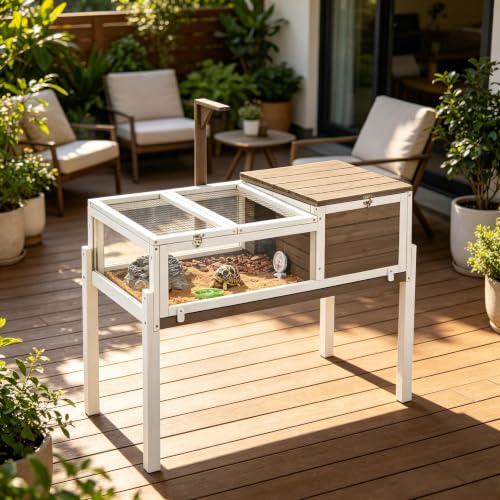 PetsCosset Tortoise Habitat with Detachable Legs Wooden Indoor & Outdoor Turtle Enclosure Two-Room Reptile House Large Observation Windows Removable Pull-Out Tray for Tortoises