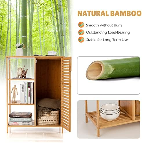 COSTWAY Bathroom Floor Cabinet, Bamboo Freestanding Storage Cupboard with Single Door and Open Shelves, Home Living Room Hallway Display Organiser Unit