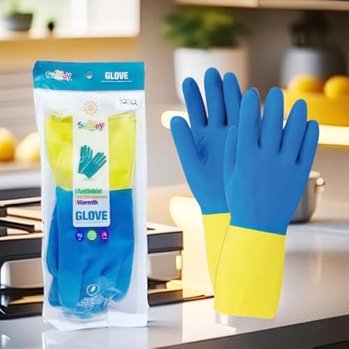 NokarOnline Extra Life Kitchen Gloves Medium 3 Count by Happy - Blue, Yellow - Non Slip, Heavy Duty Rubber Gloves - Washing Up, Dishwashing, Cleaning - Pull On - M