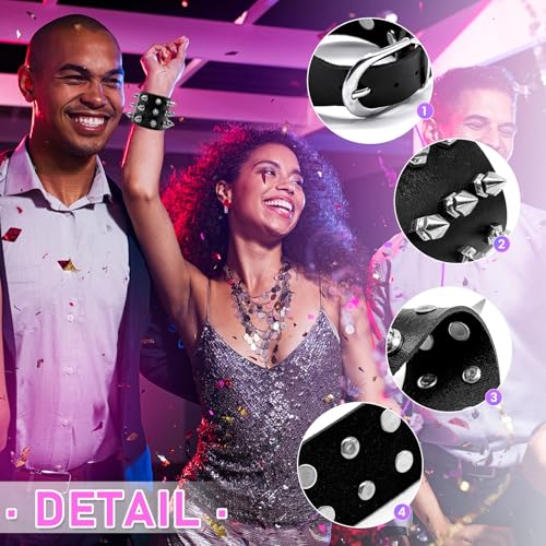 6 Pieces Punk Studded Bracelet,Spiked Leather Rivets Studded Bracelet,Spike Cuff Adjustable Metal Wristband Gothic for Halloween Men Women Accessories3
