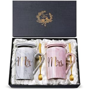 Biching Wedding Gifts for Couples 2025, Couple Gift for Anniversary – 14oz Ceramic Marble Mr and Mrs Mugs Set, Present for Bridal Shower Engagement Bride and Groom, with Greeting Card, Luxury Gift Box