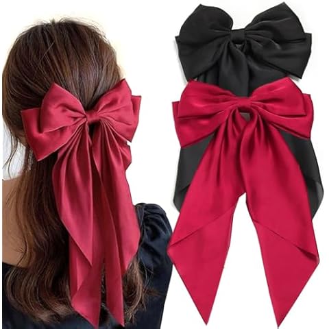 FKEYTO Satin Hair Bows for Women, Silky Ponytail Holders, Barrette Hair Clips with Long Tails, Wedding Party Hair Accessories (Black&Red) Cover