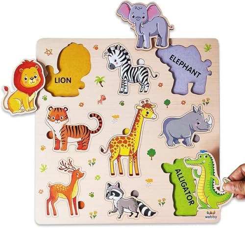 Image of Webby Wooden Animals Montessori Educational Pre-School Puzzle Board Toy For Boys And Girls, Kid