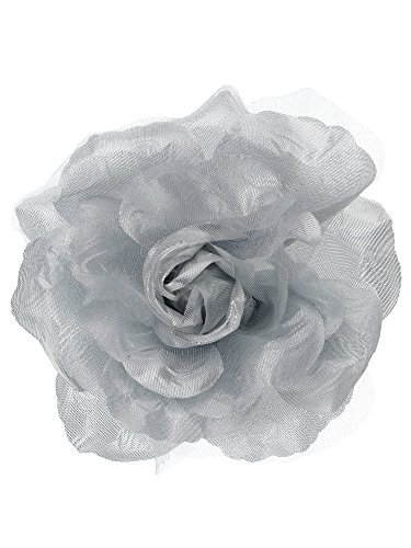 Women's Multifunction Rose Flower Sheer Petal Brooch Pin Hair Tie Clip, Silver