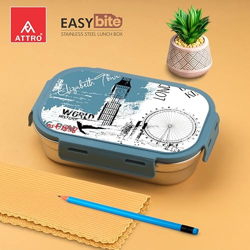 Image of ATTRO Easy Bite Stainless Steel Lunch Box with Inner Steel Body, Airtight 4-Side Lock Lid, Leakproof Silicone Seal, Small Container for Office School Kids Tiffin Box - 650ml+150ml-London Journey Blue
