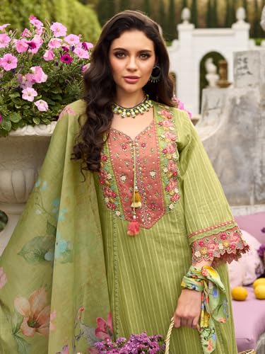 Image of INDO ERA Women's Anarkali Pure Cotton Floral Printed Embroidered Kurta & Pant with Dupatta Set (IEOUT10688)