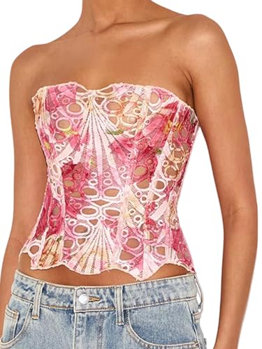 Image of Lshyuehao Women Lacework Corset Top Sexy Textured Sheer Floral Bustier Cincher Lace-up Corset Halloween Overbust Top (A-Pink, M)