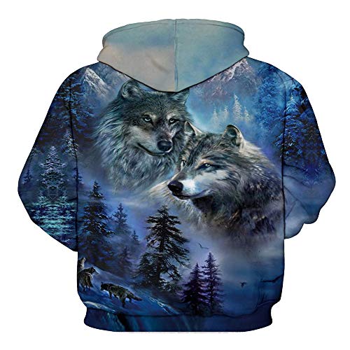 FANSU Unisex Mode 3D Druck Hoodie Herren Damen Kapuzenpullover, Creative Tier Pullover Sweatshirt Herbst und Winter Langarm Paare Hoodies Mit Tasche (L,Wald Wolf)