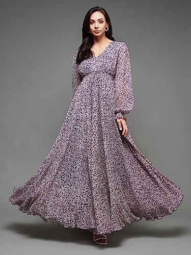 Image of Miss Chase Women Pleated V Neck Full Sleeves Relaxed Fit Midi Length Dress