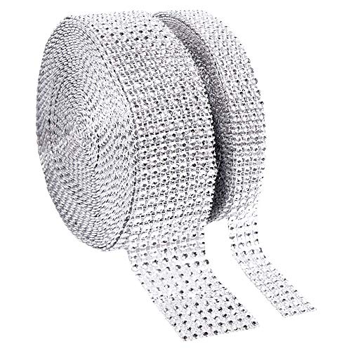 1 Roll 8 Row 10 Yard and 1 Roll 4 Row 10 Yard Acrylic Rhinestone Diamond Ribbon for Wedding Cakes, Birthday Decorations, Baby Shower Events,Party Supplies, Arts and Crafts Projects (2 Rolls Silver)