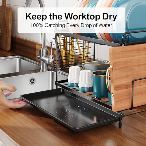 iSPECLE 2 Tier Dish Drainer Rack - Small Dish Drying Rack with Drip Tray, Space-Saving Draining Board Rack with Utensil Cutting & Board Holder for Kitchen Worktop, Black - Image 6