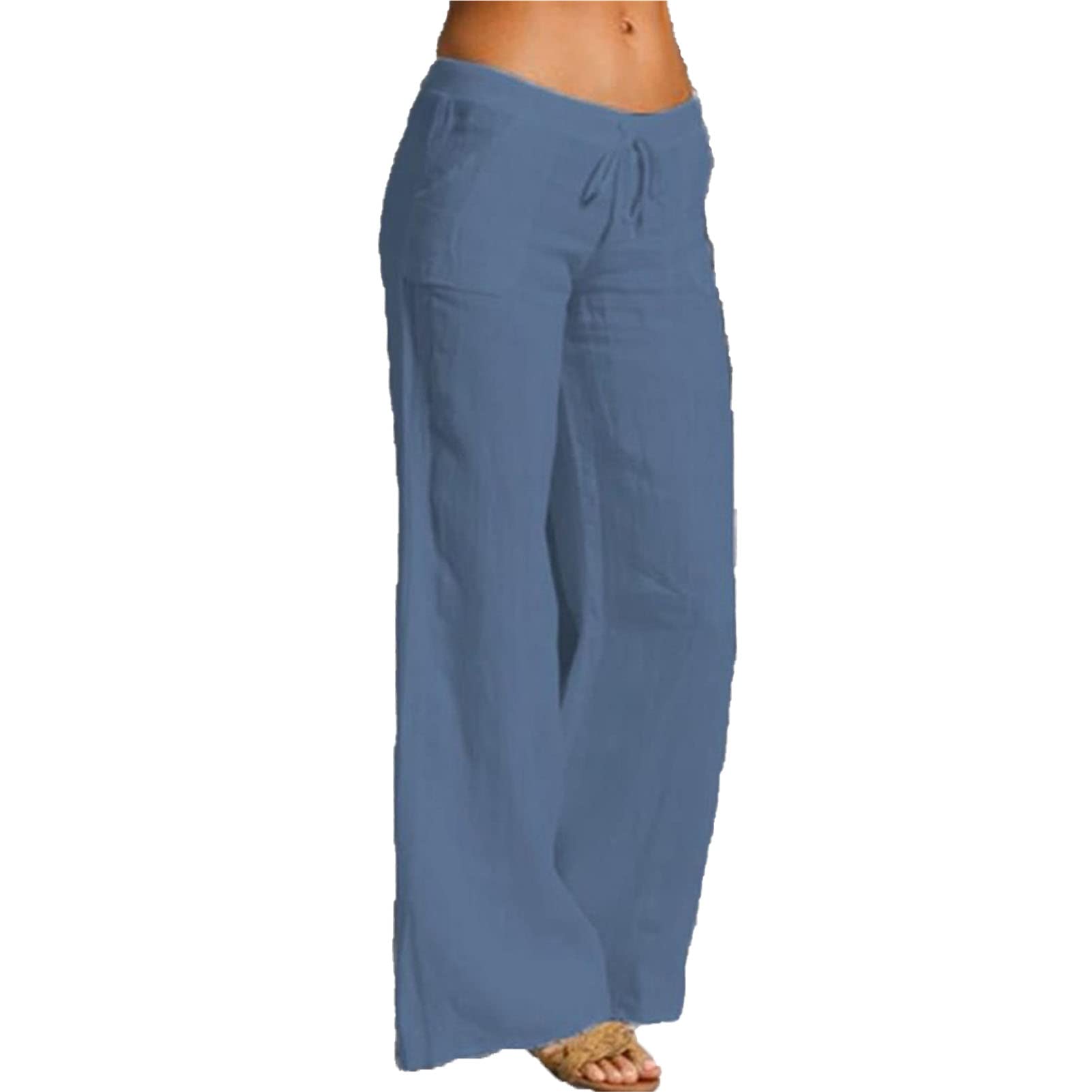 Maiyifu-GJ Women Cotton Linen Wide Leg Pants Summer Elastic Waist Drawstring Trousers Casual Regular Fit Straight Lounge Pant (Blue,XX-Large)
