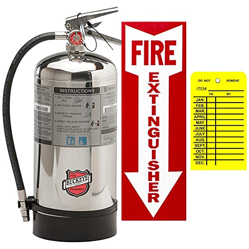 Type K Fire Extinguisher, UL/ULC Rated, Wet Chemical Class K Grease Restaurant Kitchen Stainless Steel 6 Liter Buckeye with Wall Mount, Sign and Inspection Tag