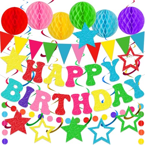 Colorful Birthday Decorations - Glittery Happy Birthday Banner & Honeycomb Balls, Star Hanging Swirls Streamer, Circle Dots Garland, Triangle Flags Bunting for Rainbow Birthday Party Decorations