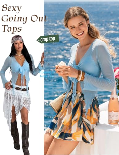 Image of Avidlove Women Mesh Crop Top Y2K Tie Front Tops Rave Top Sheer Cardigan Sexy V Neck Outfits S-2XL