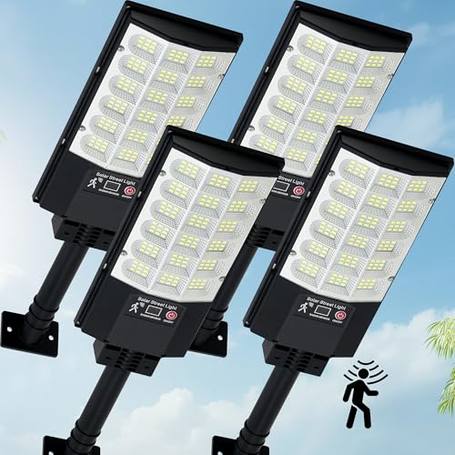 TFKK Solar Street Lights Outdoor, Waterproof Motion Sensor Solar Lights with Remote Control, 6500K Dusk to Dawn Parking Lot Flood Light for Outside Garage Yard, 4 Pack