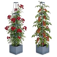 Relaxdays Pflanzkübel mit Rankhilfe, 2er Set, Tomaten, Rosen, Selbstbewässerung, HxBxT: 145x25x25 cm, Pflanzturm, grau