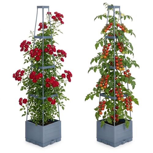 Relaxdays Pflanzkübel mit Rankhilfe, 2er Set, Tomaten, Rosen, Selbstbewässerung, HxBxT: 145x25x25 cm, Pflanzturm, grau