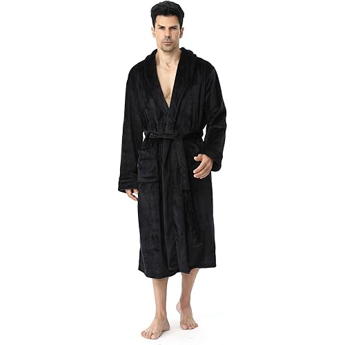 Artfasion Long Plush Bath Robes for Men Soft and Lightweight Mens Bathrobes with Two Pockets