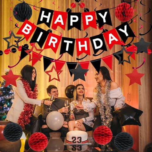 Image of Black & Red Birthday Party Decorations - Happy Birthday Banner, Honeycomb Balls, Star Streamers, Circle Dots, Triangle Flags Bunting