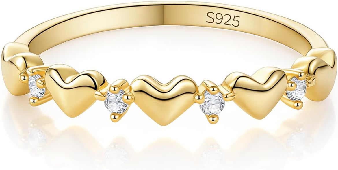 14K Gold Plated Heart Ring, 925 Sterling Silver Promise Ring for Women, Statement Love Band with Cubic Zirconia Jewelry Rings,Gifts for Women