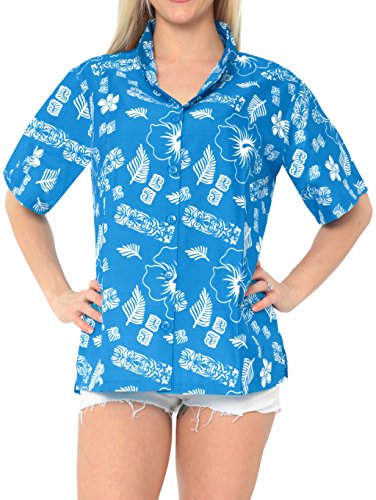 LA LEELA Hawaiian Shirt Blouse Women Short-Sleeved Holiday Vacation Buttons Casual Work Aloha Azul_X83 XXL - ES Tamaño :- 50-52