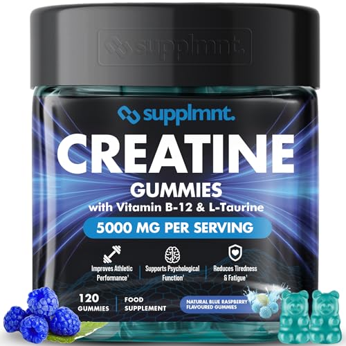 Creatine Gummies 5000mg 120ct Max Strength Muscle Growth Recovery Supplements for Men & Women Creatine Monohydrate, B12 & L-Taurine Vegan Pre Workout Chewable Gummies, 1 Month Supply (Blue Raspberry)
