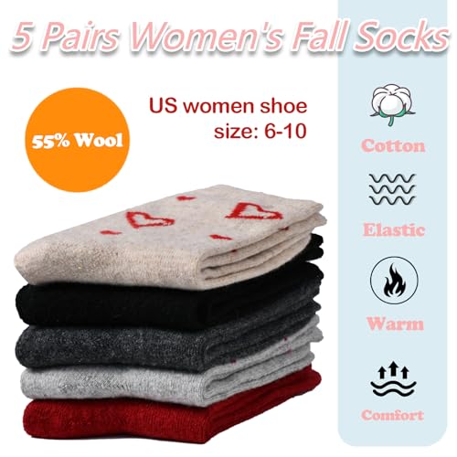 Image of Women's Merino Wool Dress Socks - Thin, Warm, Hiking Crew & Cute Heart /Cat 6 /5 Pairs