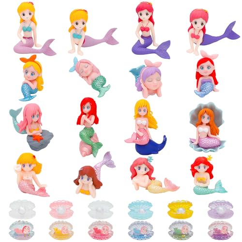 ONEST 28 Pieces Miniature Mermaid Figurines Mini Mermaid and Shell Pearl Figurines for Cake Decoration Home Decoration DIY Crafts