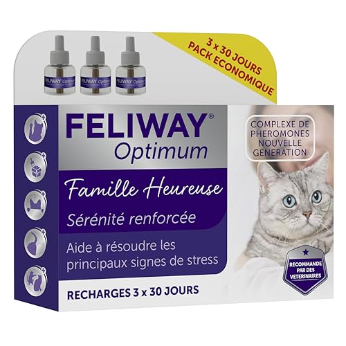 FELIWAY Optimum - Anti-Stress pour Chat - Complexe de phéromones apaisantes pour Une sérénité renforcée - Pack économique 3 recharges (3x30 Jours)