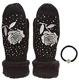 Women's Winter Warm Cable Knitted Mitten Plush Lining Gloves with Hair Tie.