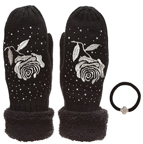 Women's Winter Warm Cable Knitted Mitten Plush Lining Gloves with Hair Tie.
