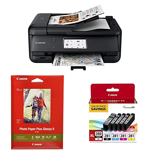 Image of Canon TR8620a All-in-One Printer Home Office | Copier, Black & Ink 1432C002 Photo Paper Plus Glossy II 5 inch x 7 inch 20 Sheets & PGI-280XL /CLI-281 5 Color Pack