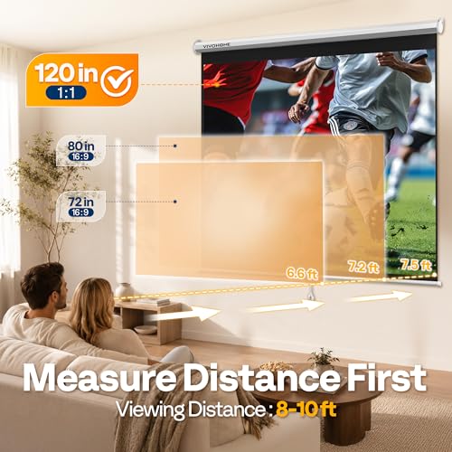 Image of VIVOHOME 120 Inch 1:1 Pull Down Projector Screen, White | Manual Retractable 4K Projection Screen for Home Theater, Roll Up ALR Movie Screen for Ceiling and Wall Mount