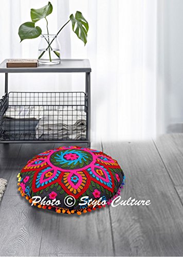 Stylo Culture Indian Yoga Throw Pillows For Bedroom Traditional Embroidered Suzani Cushion Cover Black 18X18 Small Decorative Round Decor Seating Tuffet Seat Pouf Cover Footstool Cotton Floral 1 Pc #TOP1