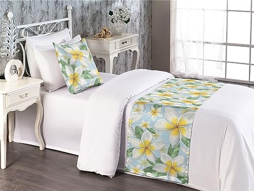 Ambesonne Tropical Bed Runner Set, Repeating Big Little Plumeria Flowers Vintage Hawaiian Exotic Vibes, Decorative Bedding Scarf and a Pillow Sham for Hotels Homes, Twin, Mustard Pale Blue Green