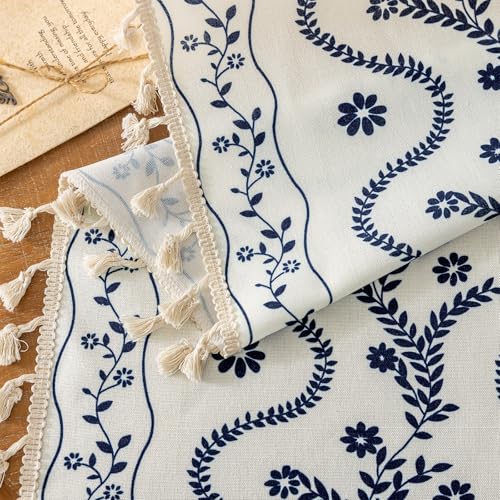 Image of Boho Curtains 63 Inch Long for Living Room, Bedroom, 2 Panels Floral Farmhouse Vintage Tassel Semi Sheer Light Filtering Privacy Window Curtain Drapes with Rod Pocket, Navy