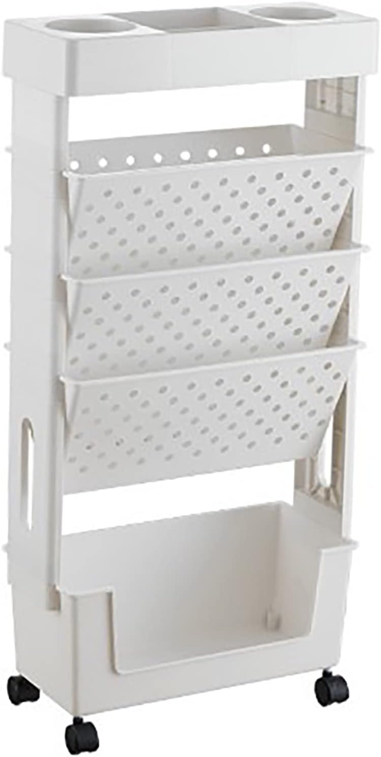 Cryfokt Movable Bookshelf, Rolling Utility Cart Multifunctional Storage Trolley, Multilayer Capacity Bookshelves Organizer, Rotatable Removable Plastic Rolling Organization Shelf (White)